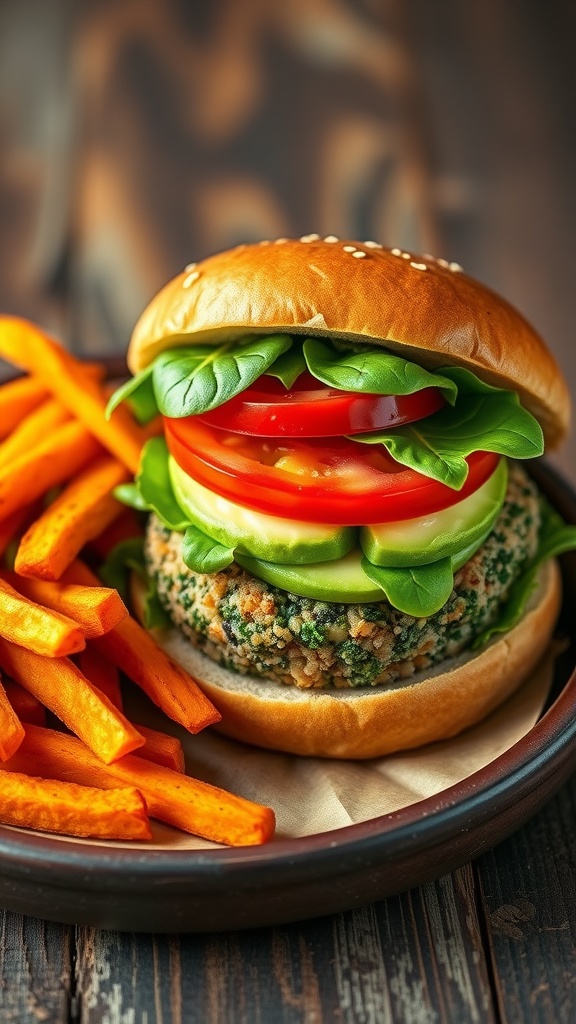 A savory spinach and quinoa burger with lettuce, tomato, and avocado on a wooden table with sweet potato fries.